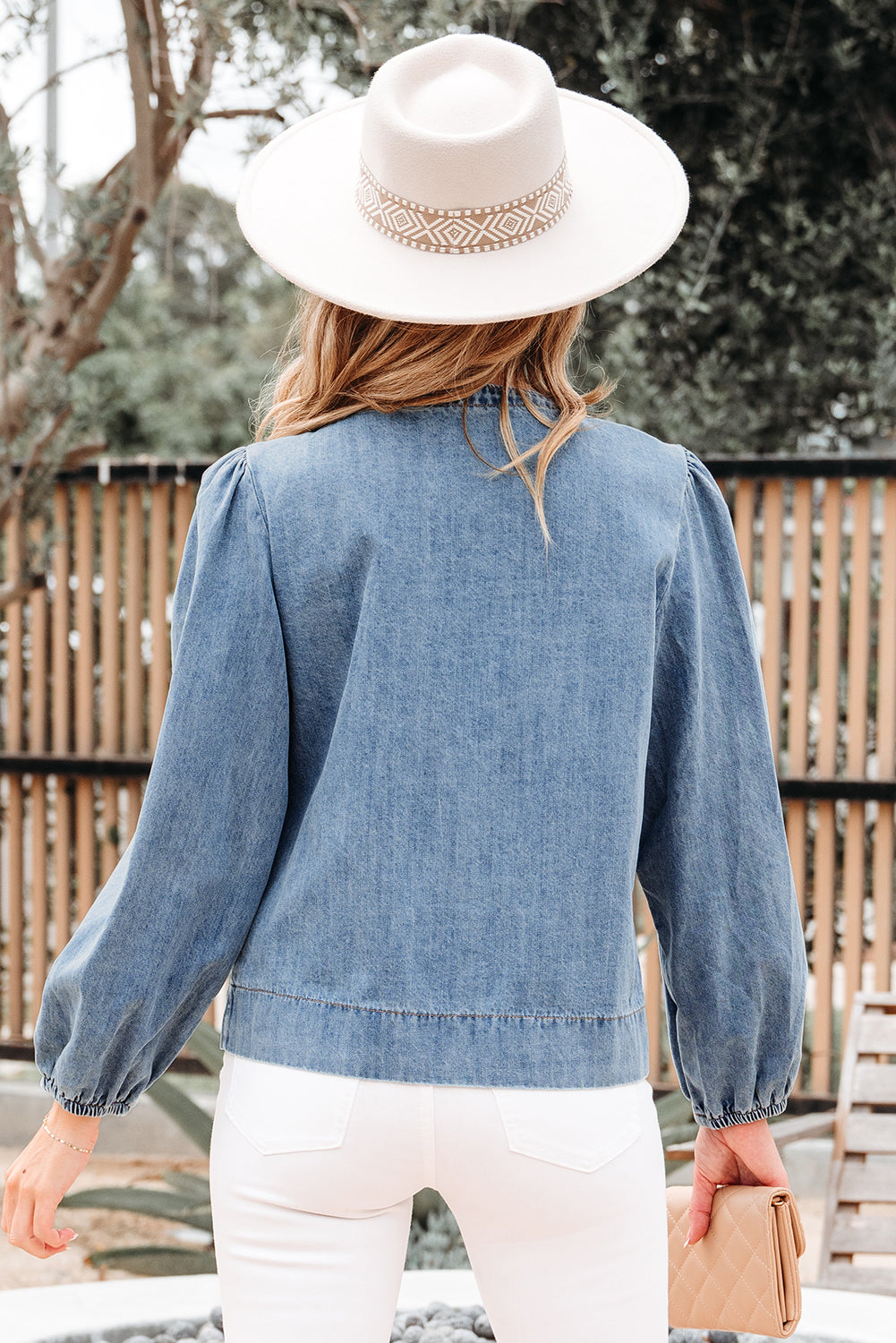 Threaded Pear Oakley Tied Front Long Puff Sleeve Denim Top