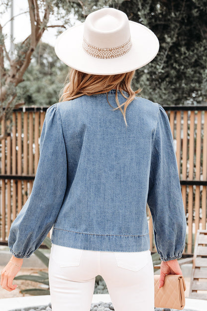 Threaded Pear Oakley Tied Front Long Puff Sleeve Denim Top