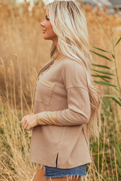Threaded Pear Blake Waffle Textured Tunic Henley Top with Slits