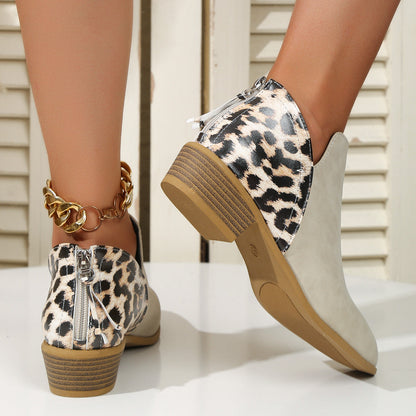 Women’s Fashion Leopard Print Ankle Boots | Pointed Toe Chunky High Heel Booties | Trendy Animal Print Back-Zipper Shoes | Wild & Elegant Statement Boots
