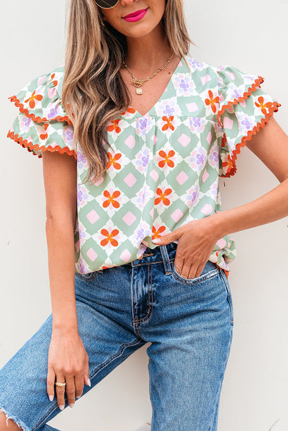 Threaded Pear Belen Floral Layered Flutter Sleeve Rac Trim Blouse