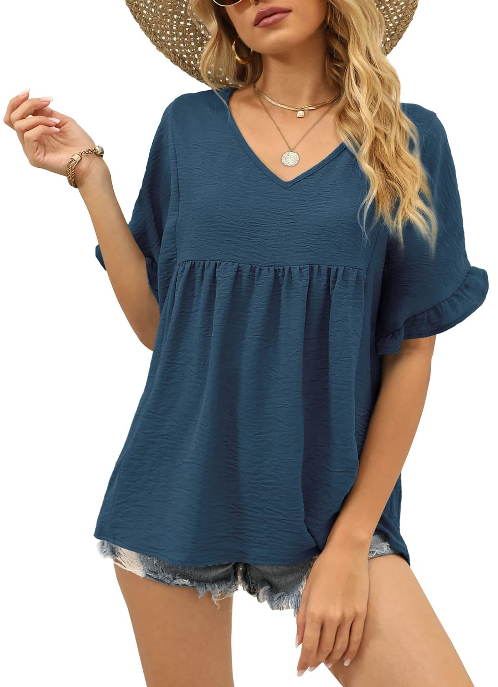 Womens Casual V Neck Ruffle Sleeve T Shirts Babydoll Loose Fit Peplum Tops
