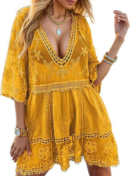 Women's Floral Embroidery Hollow Out Contrast Lace Sheer Cover Up Dress
