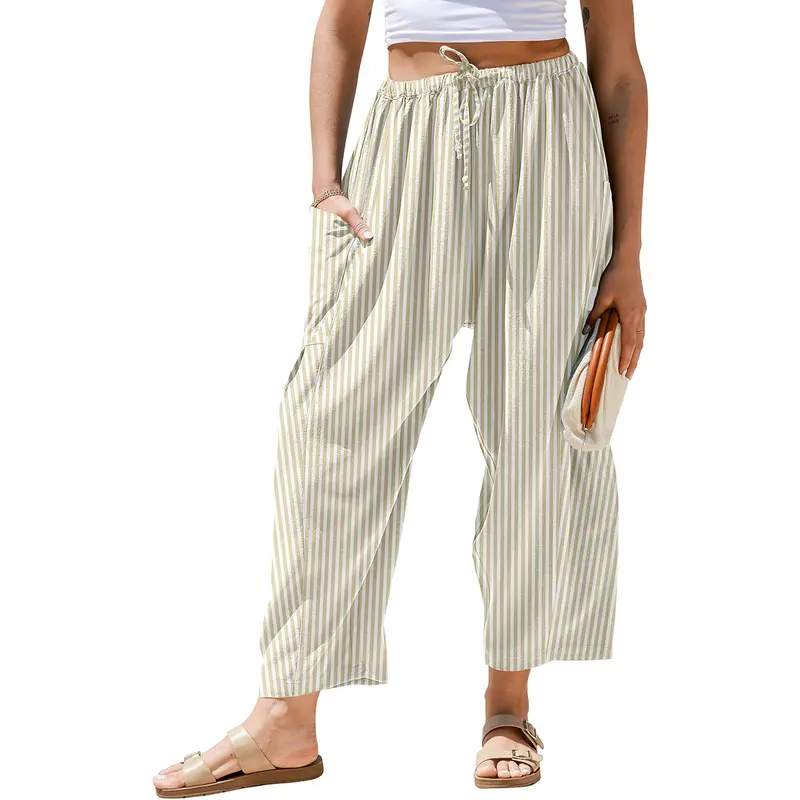 Drawstring Striped Wide Leg Pants With Side Pockets
