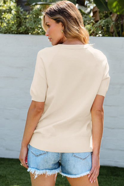 Threaded Pear Dulce Flower Pattern Short Sleeve Knitted Top