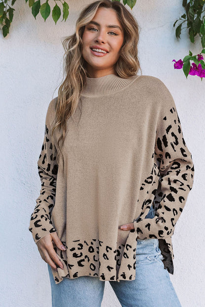 Threaded Pear Sarai Leopard High Neck Side Slit Oversized Sweater