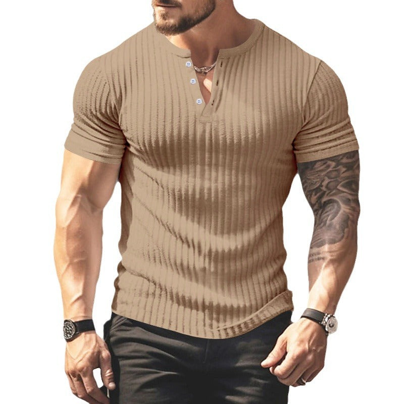 Men's Casual Short Sleeve  T-shirt Summer Sunken Stripe V-neck Slim Fit Henley Shirts Basic Tops