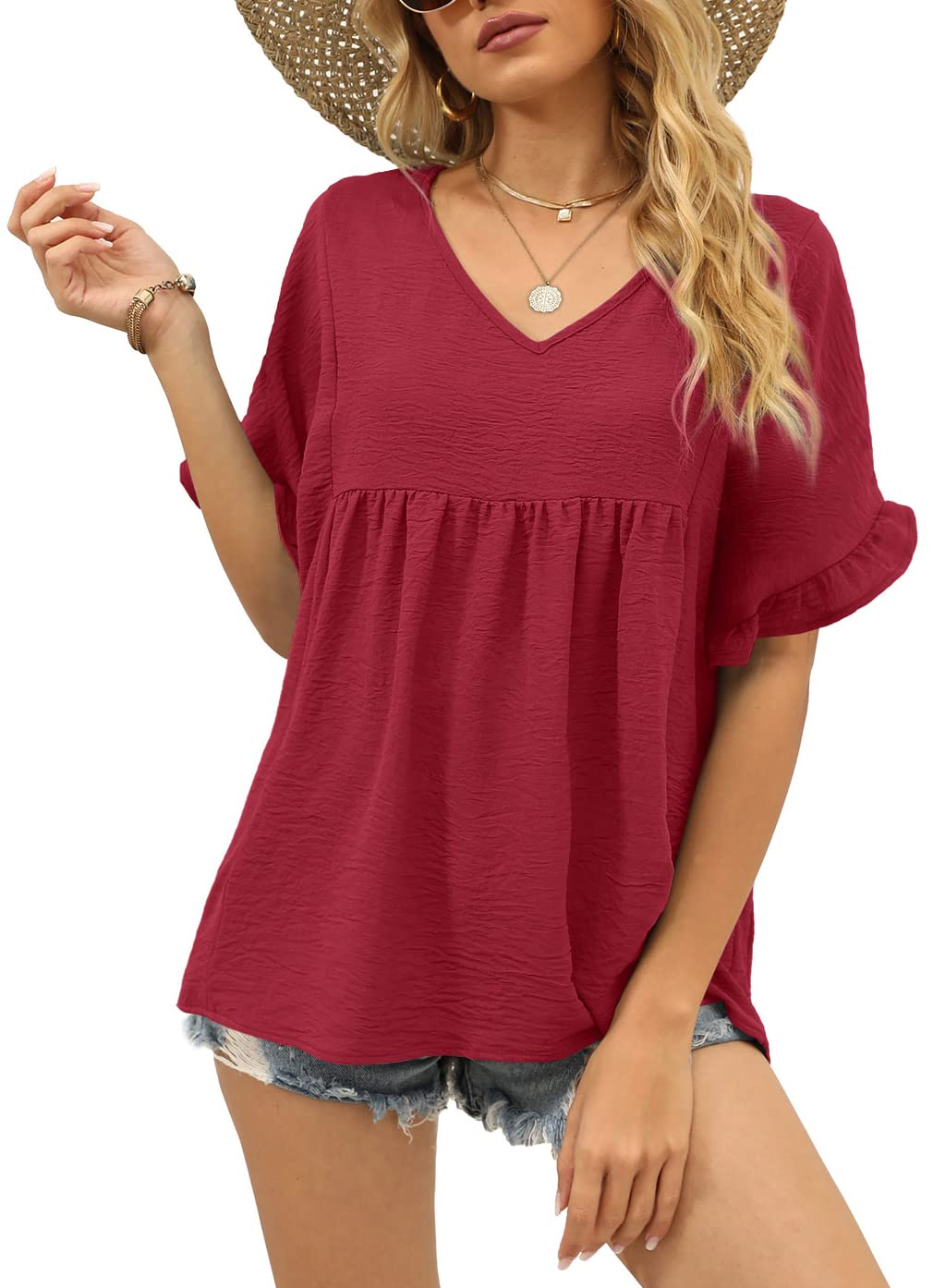 Womens Casual V Neck Ruffle Sleeve T Shirts Babydoll Loose Fit Peplum Tops