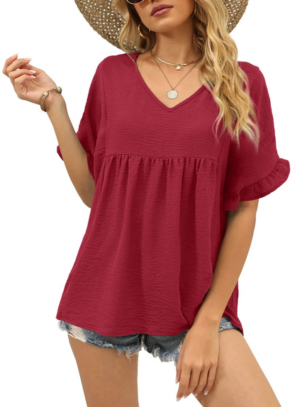 Womens Casual V Neck Ruffle Sleeve T Shirts Babydoll Loose Fit Peplum Tops