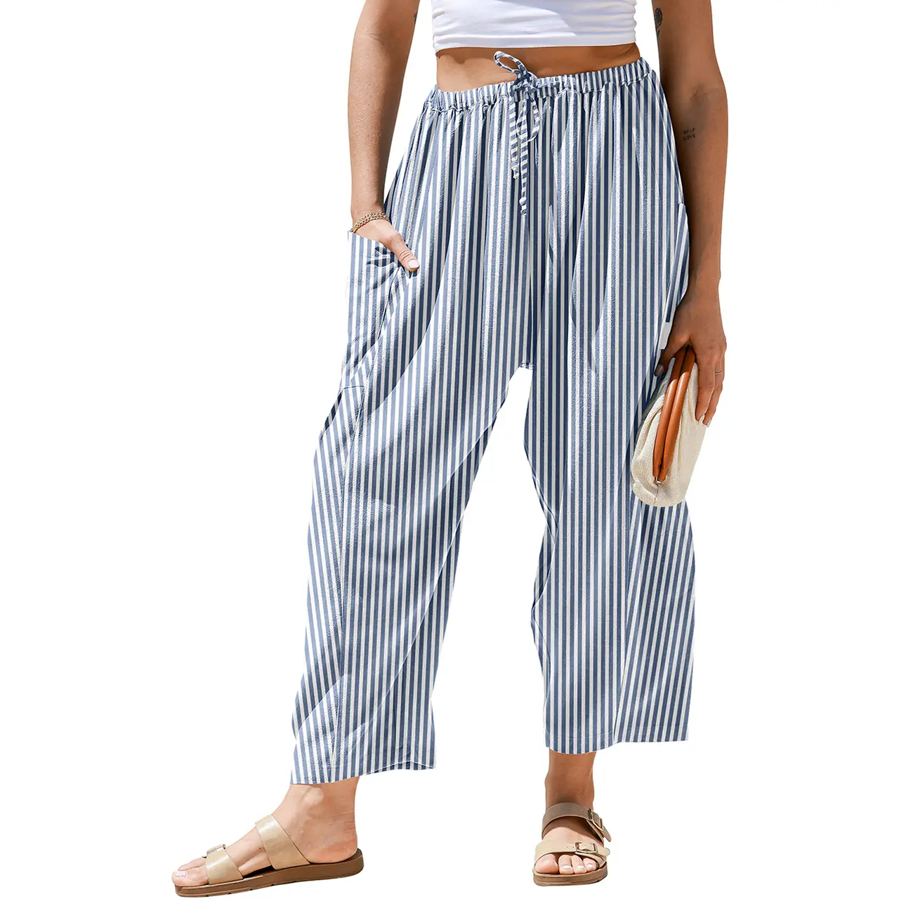 Drawstring Striped Wide Leg Pants With Side Pockets