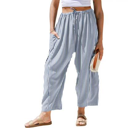 Drawstring Striped Wide Leg Pants With Side Pockets