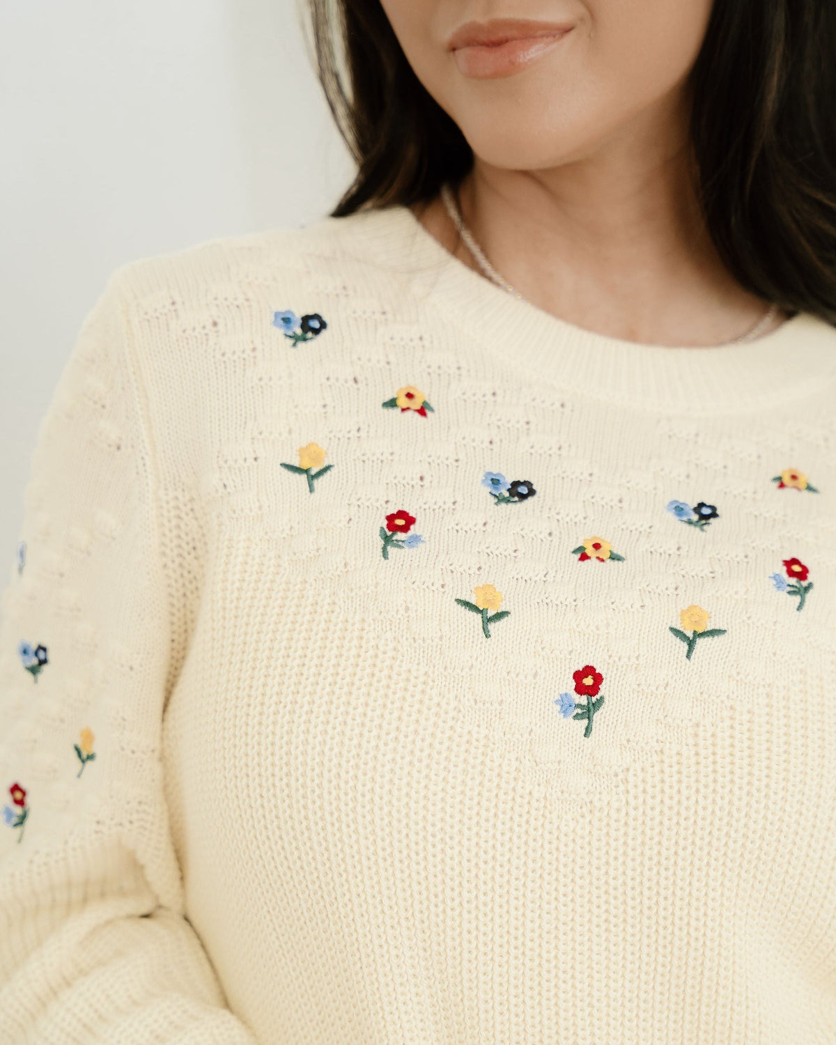 Gemma Mixed Texture Knit Flower Embroidered Detail Casual Sweater