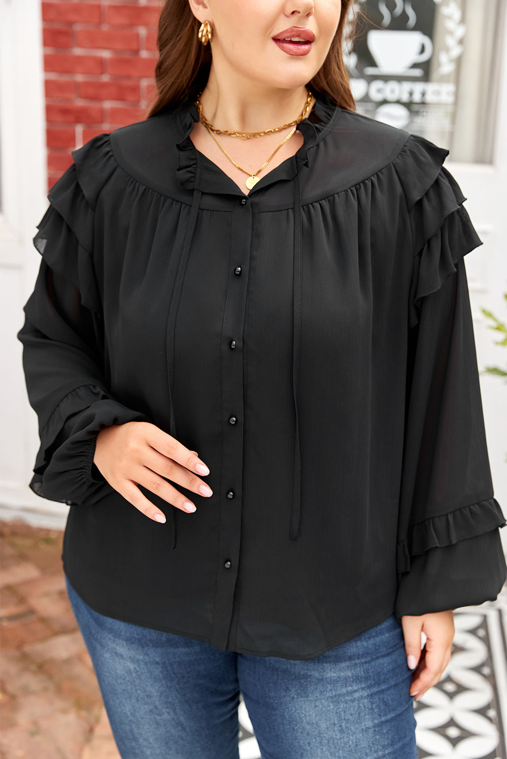 Threaded Pear Jaycee Sleeve Chiffon Elegant PLUS Shirt