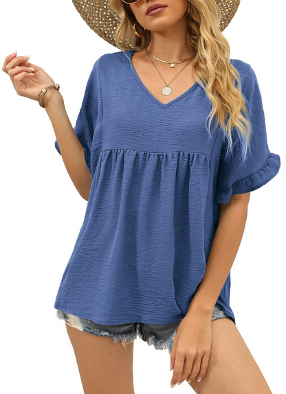 Womens Casual V Neck Ruffle Sleeve T Shirts Babydoll Loose Fit Peplum Tops
