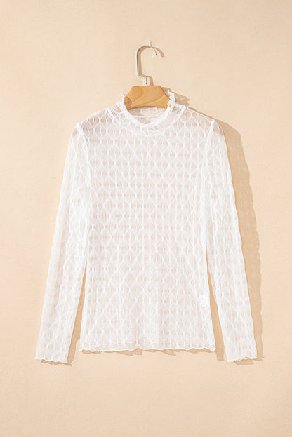 Threaded Pear Ruth Sheer Mesh Patterned Lettuce Trim Top