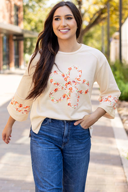 Threaded Pear Flower Exposed Seam Wide Sleeve Top