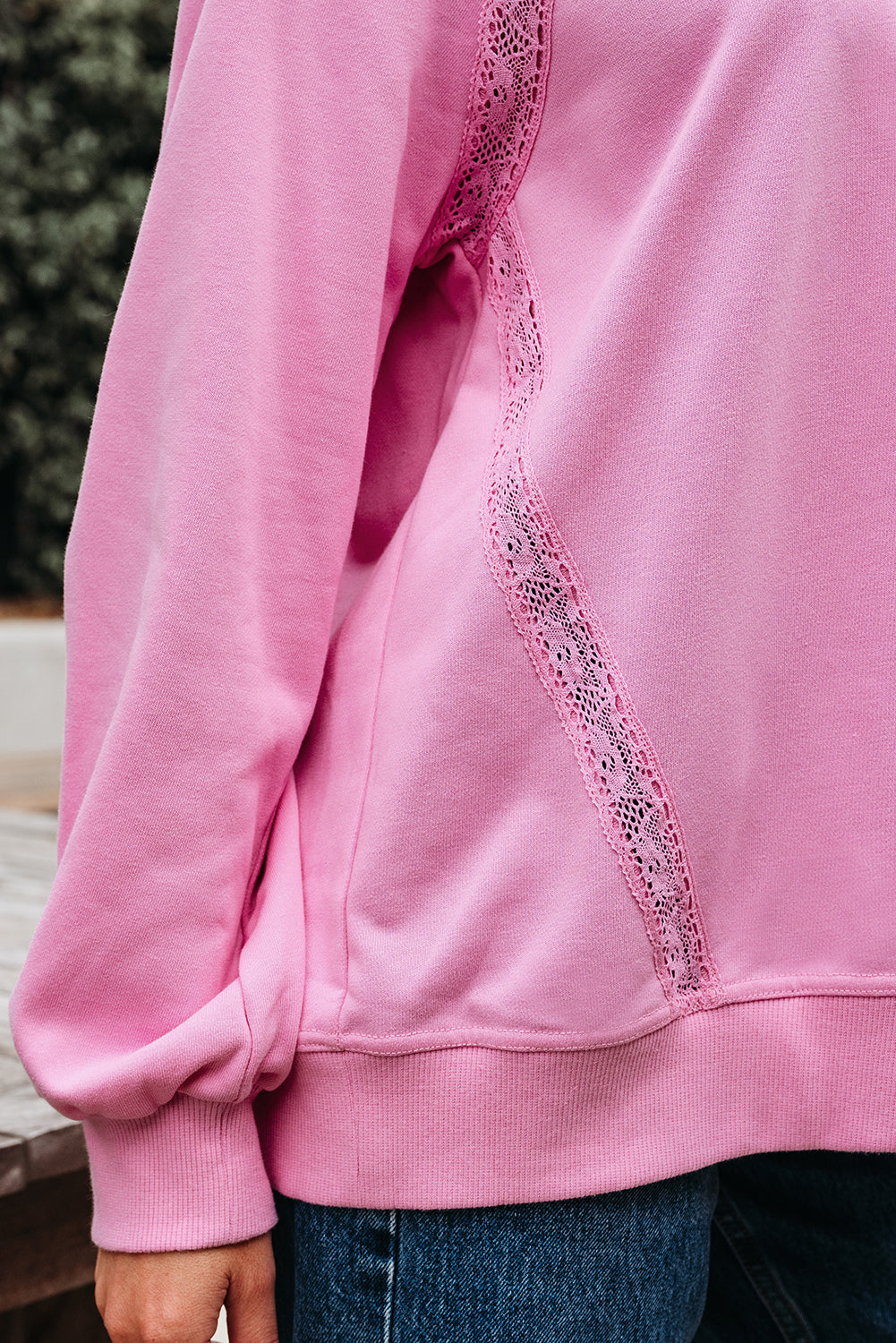 Threaded Pear Lilah Lace Patched Raglan Sleeve Loose Fit Sweatshirt