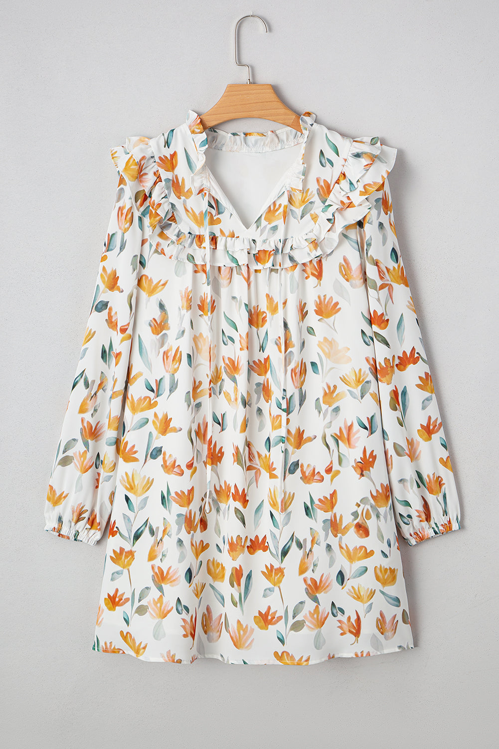 Threaded Pear Katherine Floral Tie Neck Frilled Long Sleeve Dress