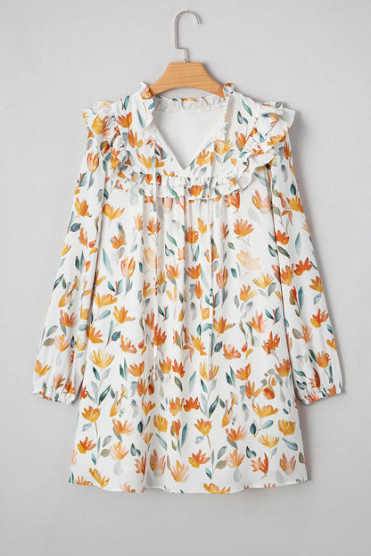 Threaded Pear Katherine Floral Tie Neck Frilled Long Sleeve Dress