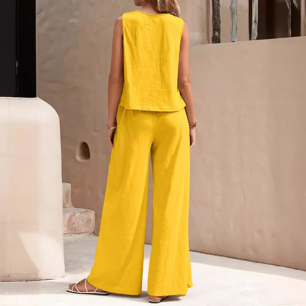 Women’s Solid Color Casual Loose Pants Set | Elegant Spring Summer Two-Piece Suit | High-Sense Breathable Full Trouser Set | Trendy Minimalist Wide-Leg Female Outfit | 2026 High-Fashion Relaxed Fit Co-ord Set