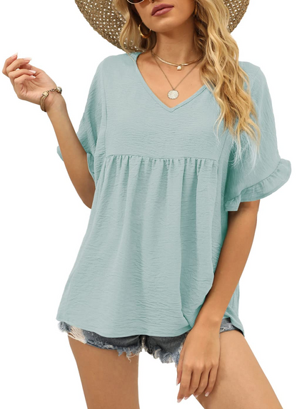 Womens Casual V Neck Ruffle Sleeve T Shirts Babydoll Loose Fit Peplum Tops