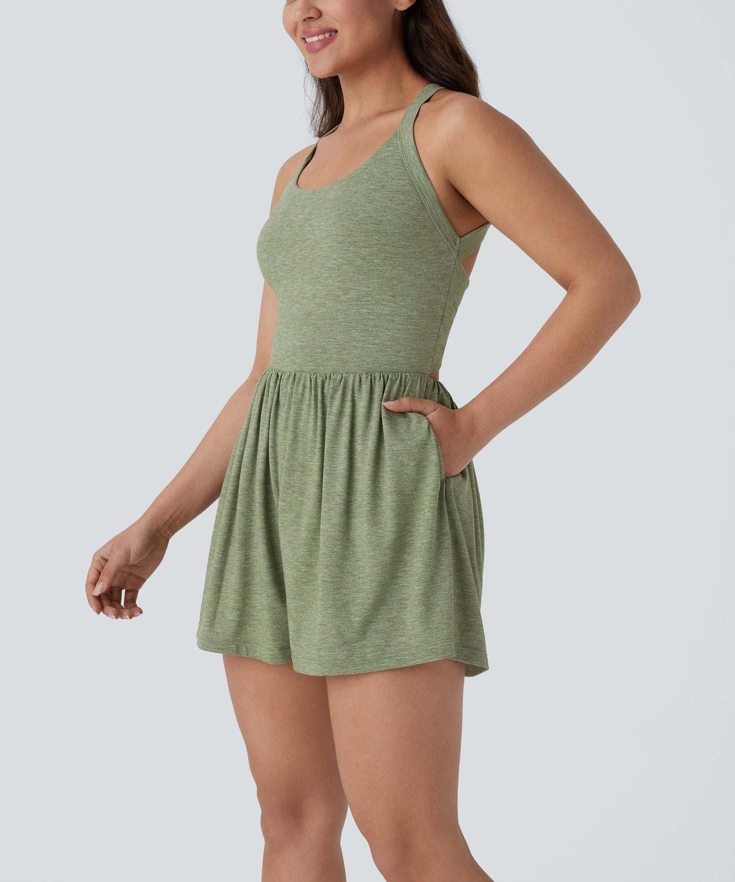 2-in-1 Built-in Shorts Romper, Backless Twist Side Pocket Casual Resort Jumpsuit
