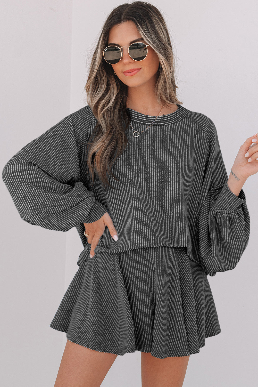 Threaded Pear Scarlett Corded Lantern Sleeve Top