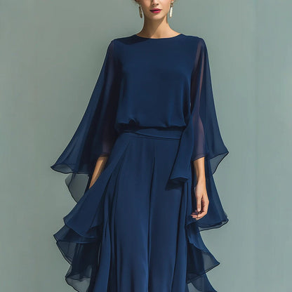 Deep Blue Ruffle Wide-Leg Pants Set – Elegant Two-Piece Batwing Sleeve Outfit for Women