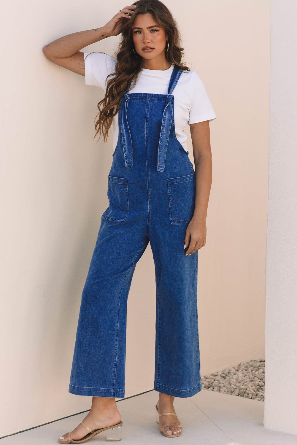 Threaded Pear Elodie Knotted Strap Wide Leg Denim Overalls