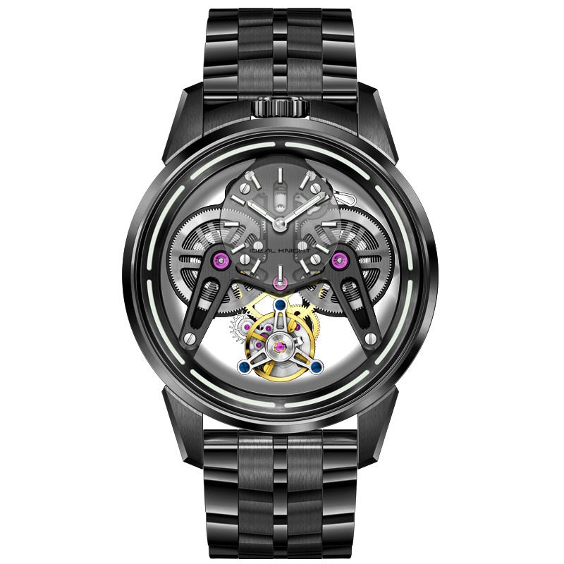 Men’s Luxury Armor Tourbillon Mechanical Watch | Automatic Skeletal Self-Winding Wristwatch | Industrial Design Hollow-Out Armor Watch | Futuristic Luxury Gear Watch for Men