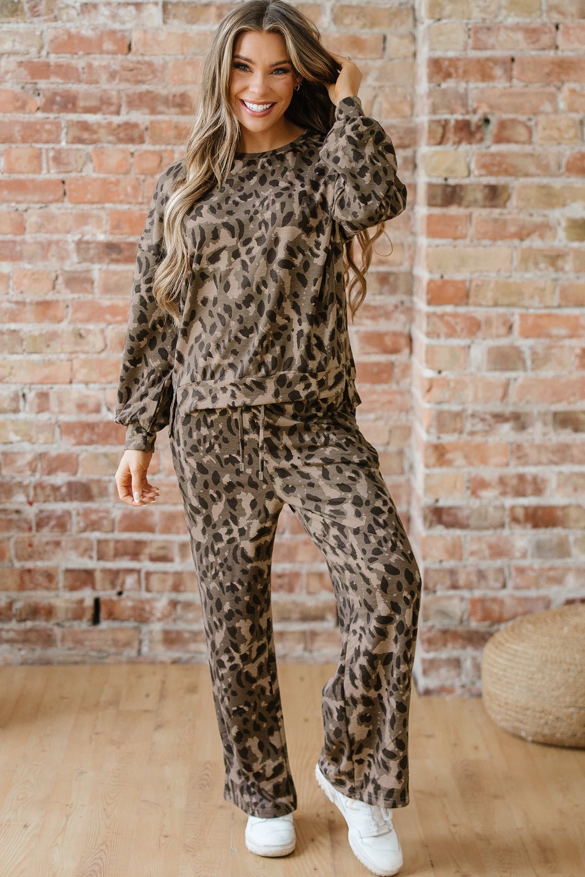 Threaded Pear Catherine Leopard Pullover Drawstring Loose Pant Set