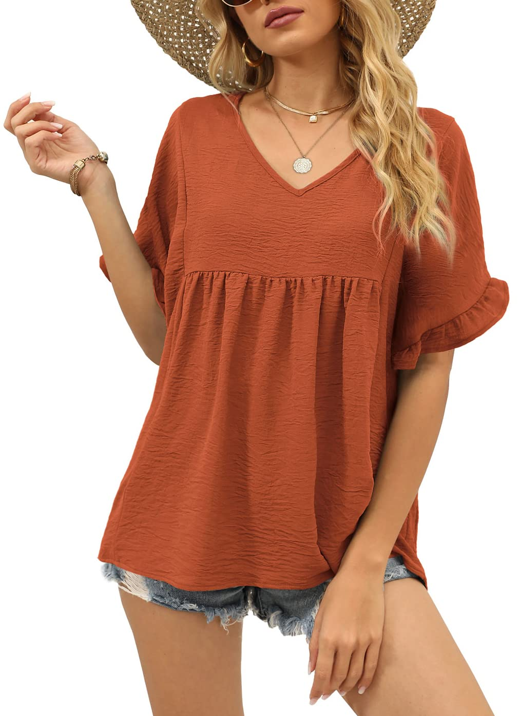 Womens Casual V Neck Ruffle Sleeve T Shirts Babydoll Loose Fit Peplum Tops