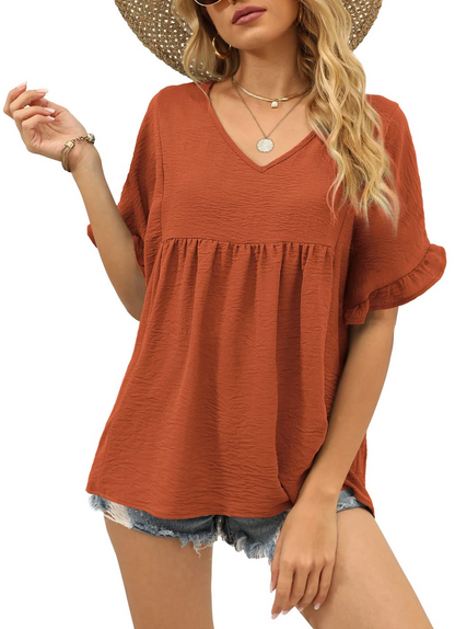 Womens Casual V Neck Ruffle Sleeve T Shirts Babydoll Loose Fit Peplum Tops