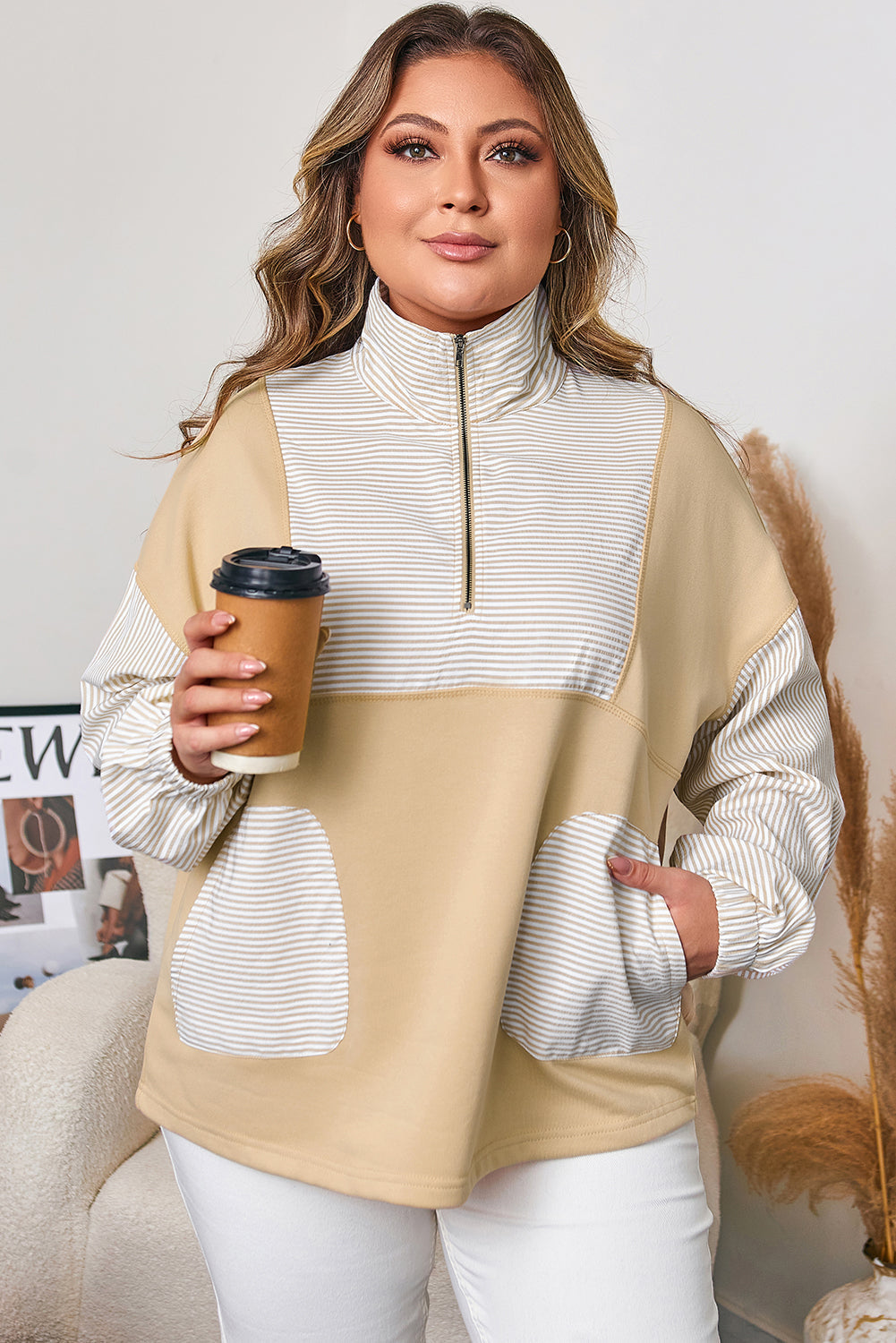 Threaded Pear Khaki Stripe Mix Half Zip French Terry Plus Size Sweatshirt