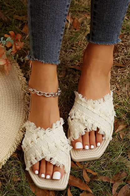 Threaded Pear Vada Tassel Woven Crossed Straps Flat Sandals