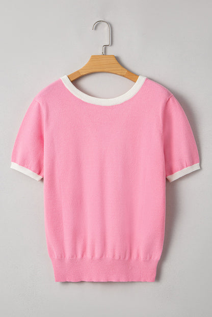 Threaded Pear Mercy Bow V-Shape Cut Back Short Sleeve Sweater