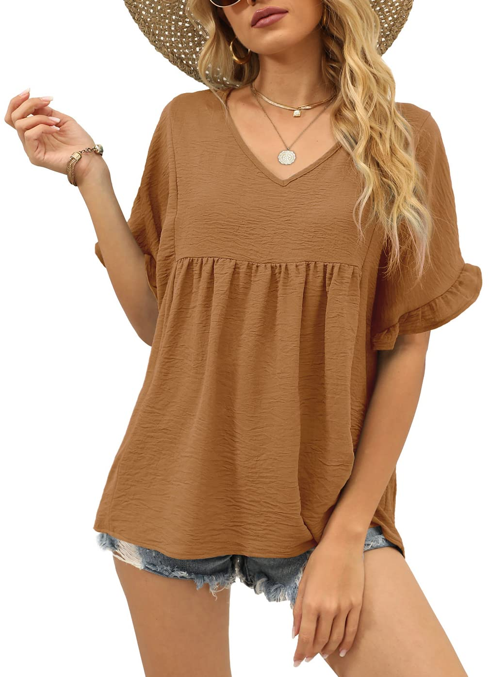 Womens Casual V Neck Ruffle Sleeve T Shirts Babydoll Loose Fit Peplum Tops