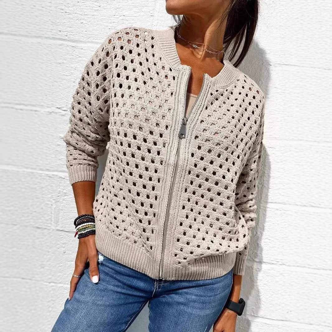 Women’s Fashion Hollow Knitted Zip-Up Jacket | Long-Sleeved Breathable Crochet Top | Trendy Lightweight Knit Cardigan | Modern Urban Layering Jacket for Women