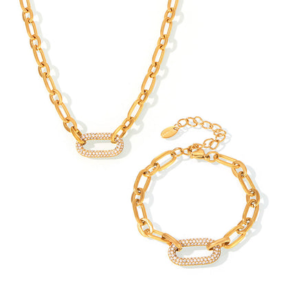 Titanium Steel Zircon Jewelry Set | Micro-Pave Zirconia Clavicle Necklace & Bracelet | Luxury Stainless Steel Jewelry Suit for Women | Trendy Minimalist Sparkle Accessory Set | 2026 High-Fashion Tarnish-Free Jewelry