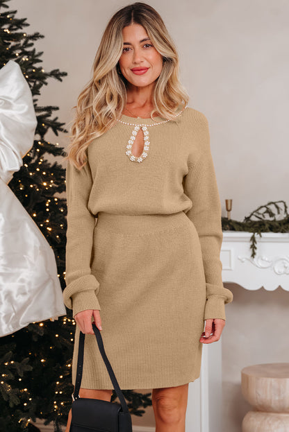 Threaded Pear Zariah Embellished Keyhole Ribbed Sweater