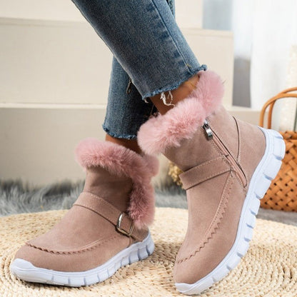 Women’s Thickened Winter Snow Boots | High-Sense Plush Ankle Boots with Buckle Design | Trendy Minimalist Plus Velvet Flat Shoes | Luxury-Label Statuesque Warm Winter Footwear | 2026 High-Fashion Radiant Outdoor Boots
