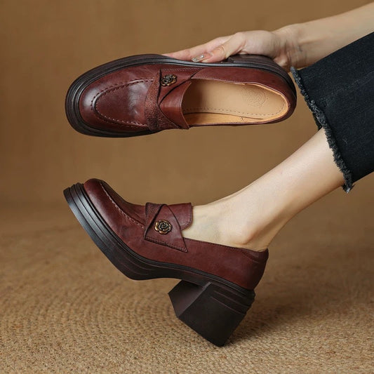 Women’s Vintage Chunky Heeled Leather Shoes | Luxury Square-Toe Block Heel Pumps | Elegant Professional Work Shoes for Women | Trendy Retro High-Heel Loafers | 2026 High-Fashion Durable Leather Footwear