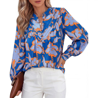 Women's Boho Floral V-Neck Half Button Down Blouse