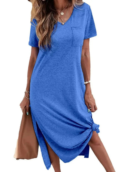 Casual Short Sleeve V Neck Maxi Dresses Loose Side Slit Long Tshirt Dress with Pocket