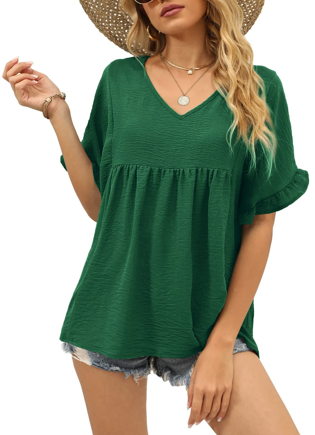 Womens Casual V Neck Ruffle Sleeve T Shirts Babydoll Loose Fit Peplum Tops