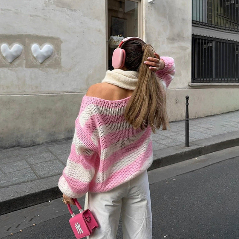 Women’s Loose Striped Pullover Sweater | High-Sense Versatile Knitted Top | Trendy Minimalist Long-Sleeve Stripe Jumper | Luxury-Label Statuesque Radiant Knitwear | 2026 High-Fashion Emerald-Luxe Essential