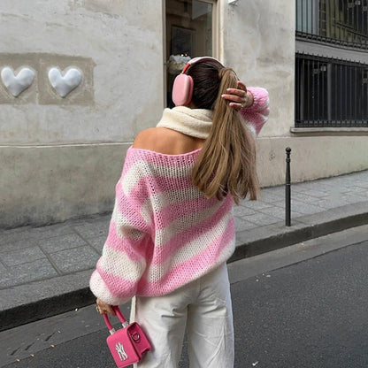 Women’s Loose Striped Pullover Sweater | High-Sense Versatile Knitted Top | Trendy Minimalist Long-Sleeve Stripe Jumper | Luxury-Label Statuesque Radiant Knitwear | 2026 High-Fashion Emerald-Luxe Essential