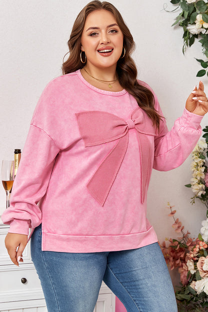 Threaded Pear Bonbon Waffle Bowknot Patchwork Graphic Mineral Wash Plus Size Sweatshirt