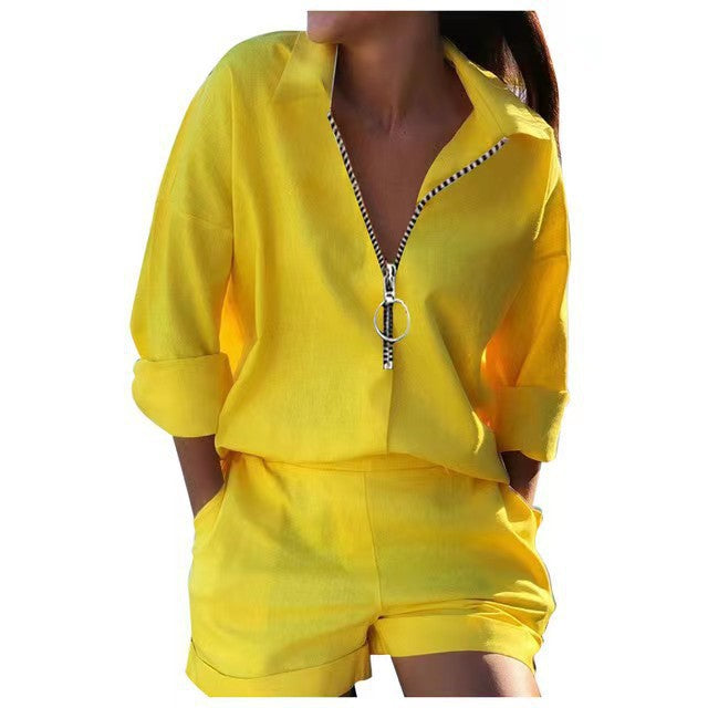 Fashionable Spring Women's Two-Piece Set with Long Sleeve Printed Zip-Up Top and Shorts