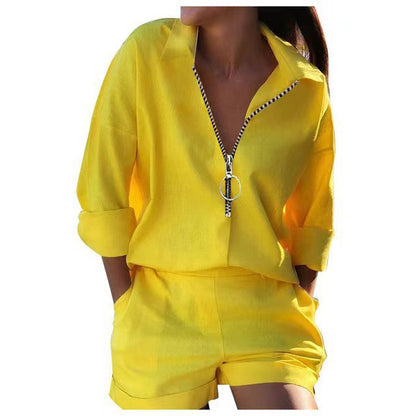 Fashionable Spring Women's Two-Piece Set with Long Sleeve Printed Zip-Up Top and Shorts